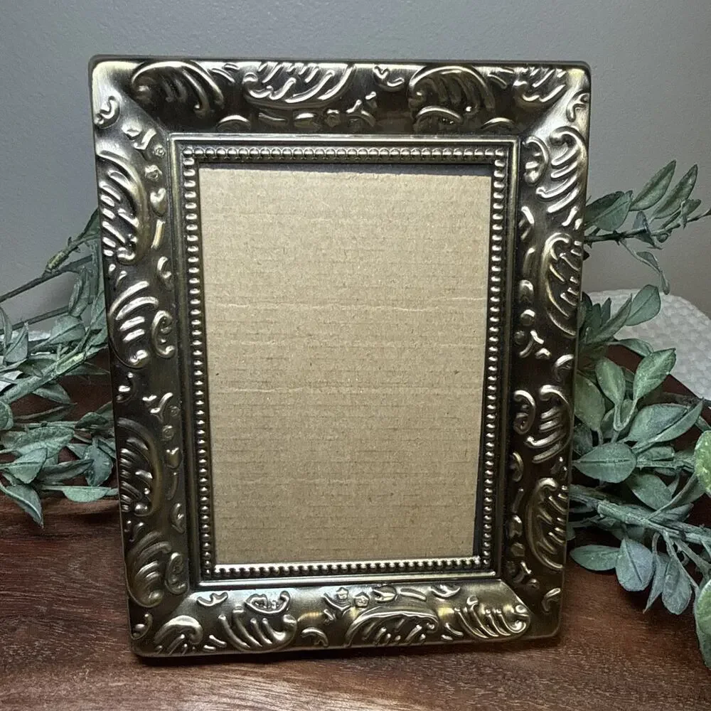 Vtg Ornate Gold Tone Metal Picture Frame Embossed Floral Scroll 4.5 x 3.25 in